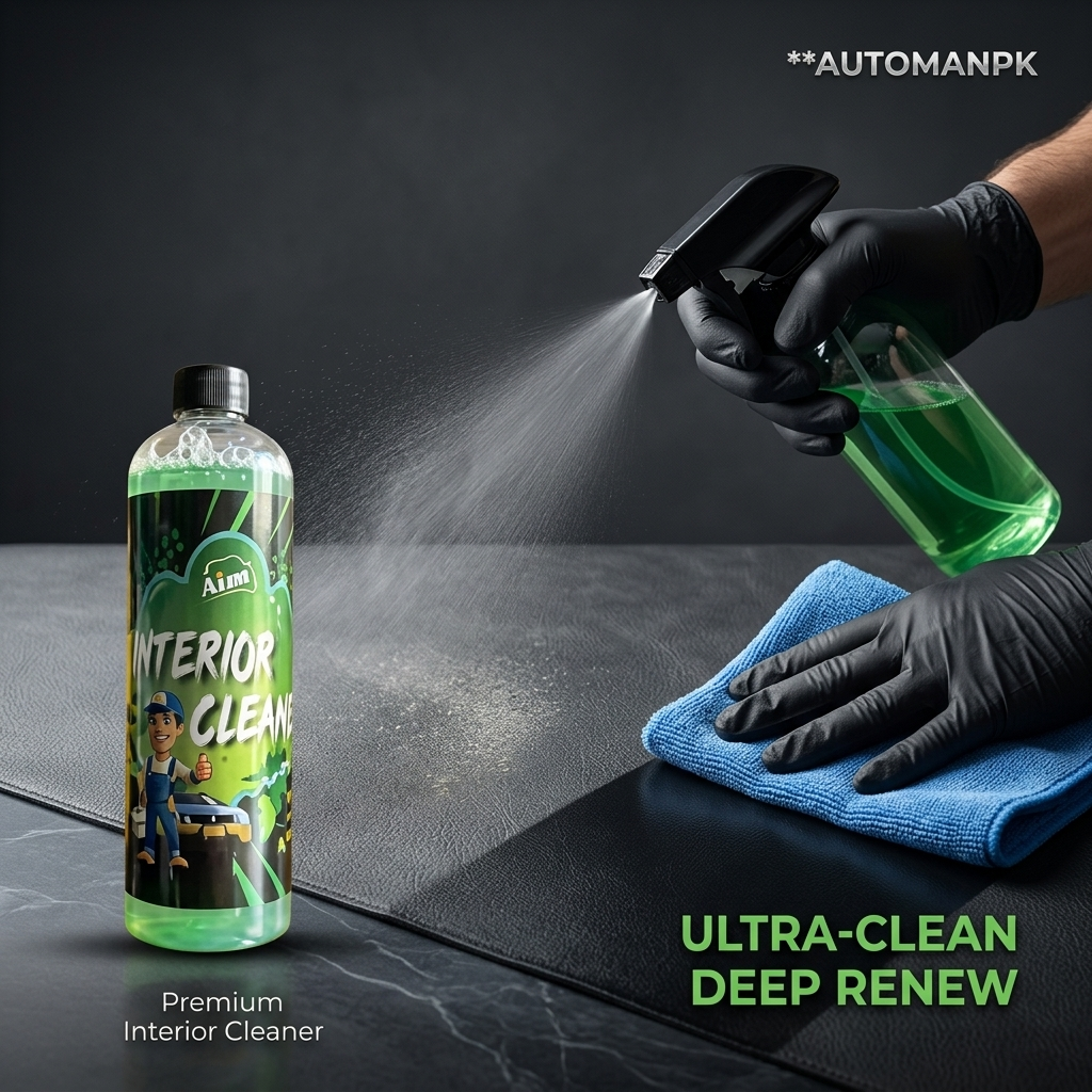 Person using interior cleaner on car mat with visible brand 'AUTOMANPK'.
