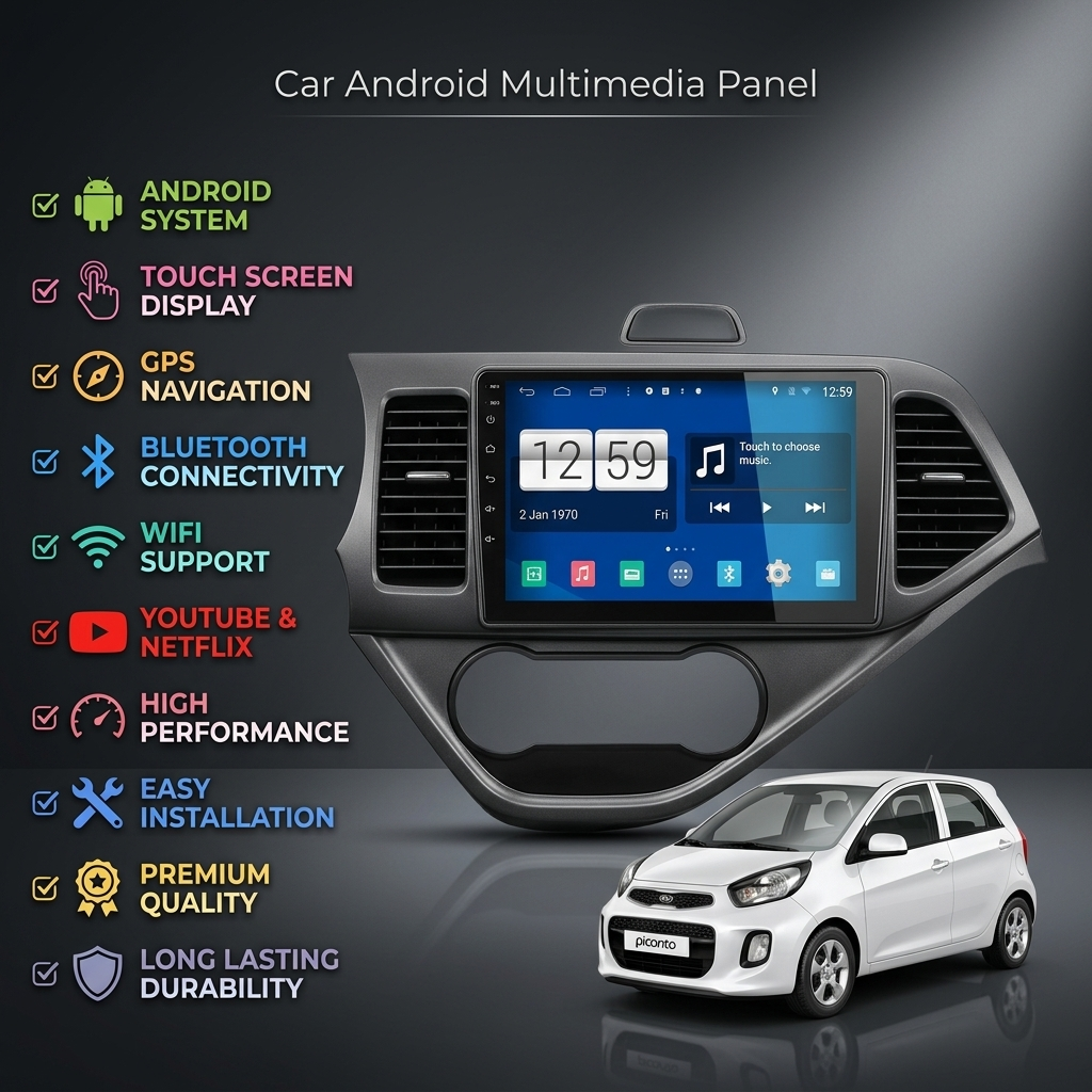 KIA Picanto 2019-2025 9-Inch Android Car Panel (Black) – GPS, Bluetooth, WiFi & FM Radio