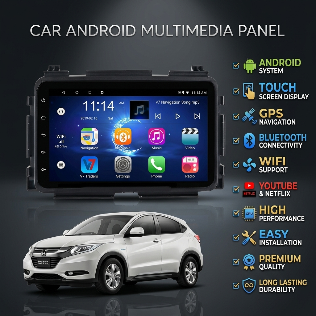 Honda Vezel 2021-2025 9-Inch Android Car Panel (Black) – GPS, Bluetooth, WiFi & FM Radio