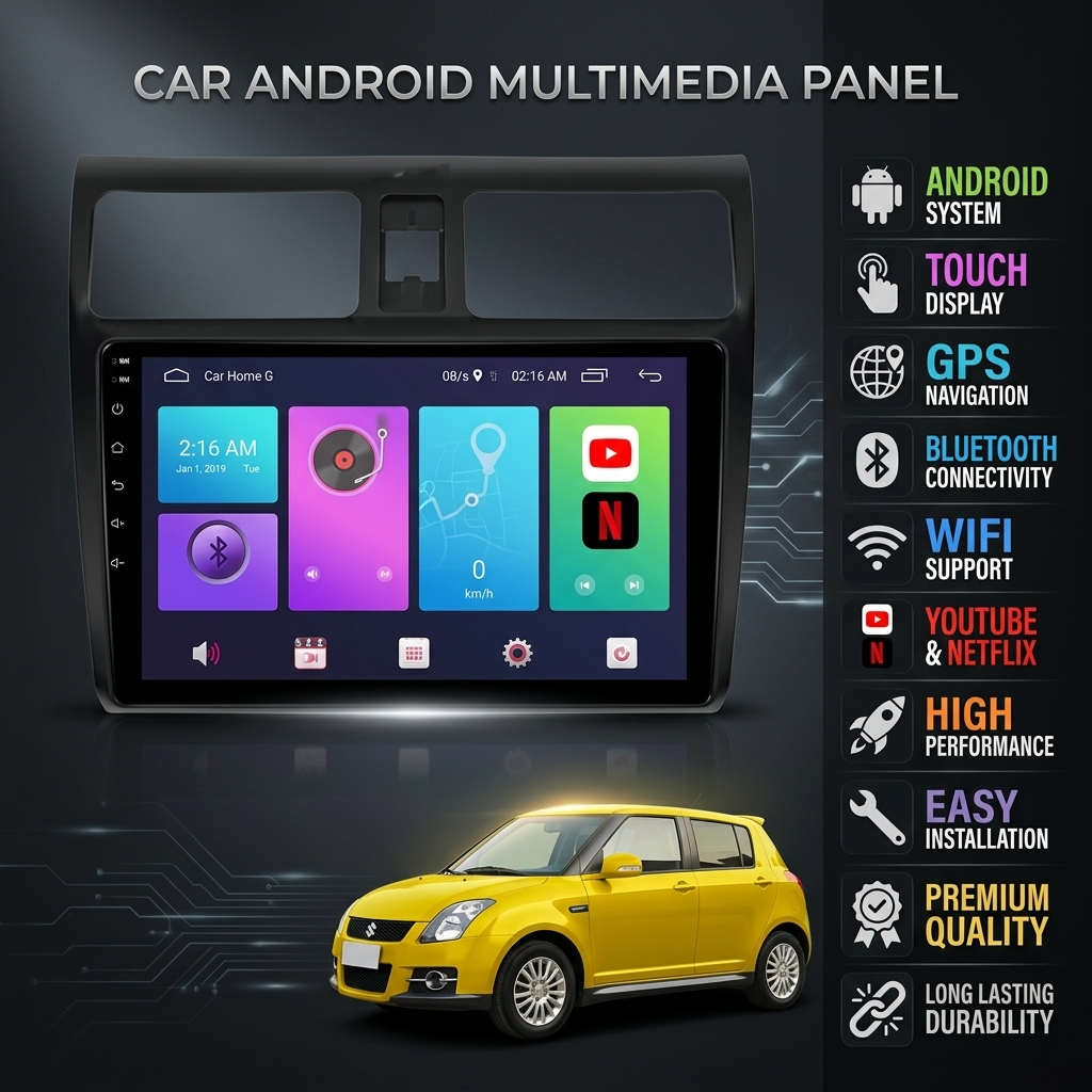 Suzuki Swift 2010-2021 10-Inch Android Car Panel (Black) – GPS, Bluetooth, WiFi & FM Radio