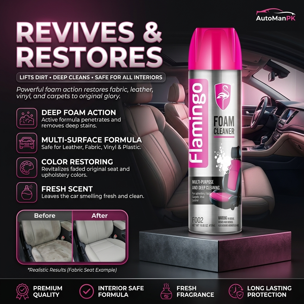 Flamingo Foam Cleaner spray can with car interior background and product features.