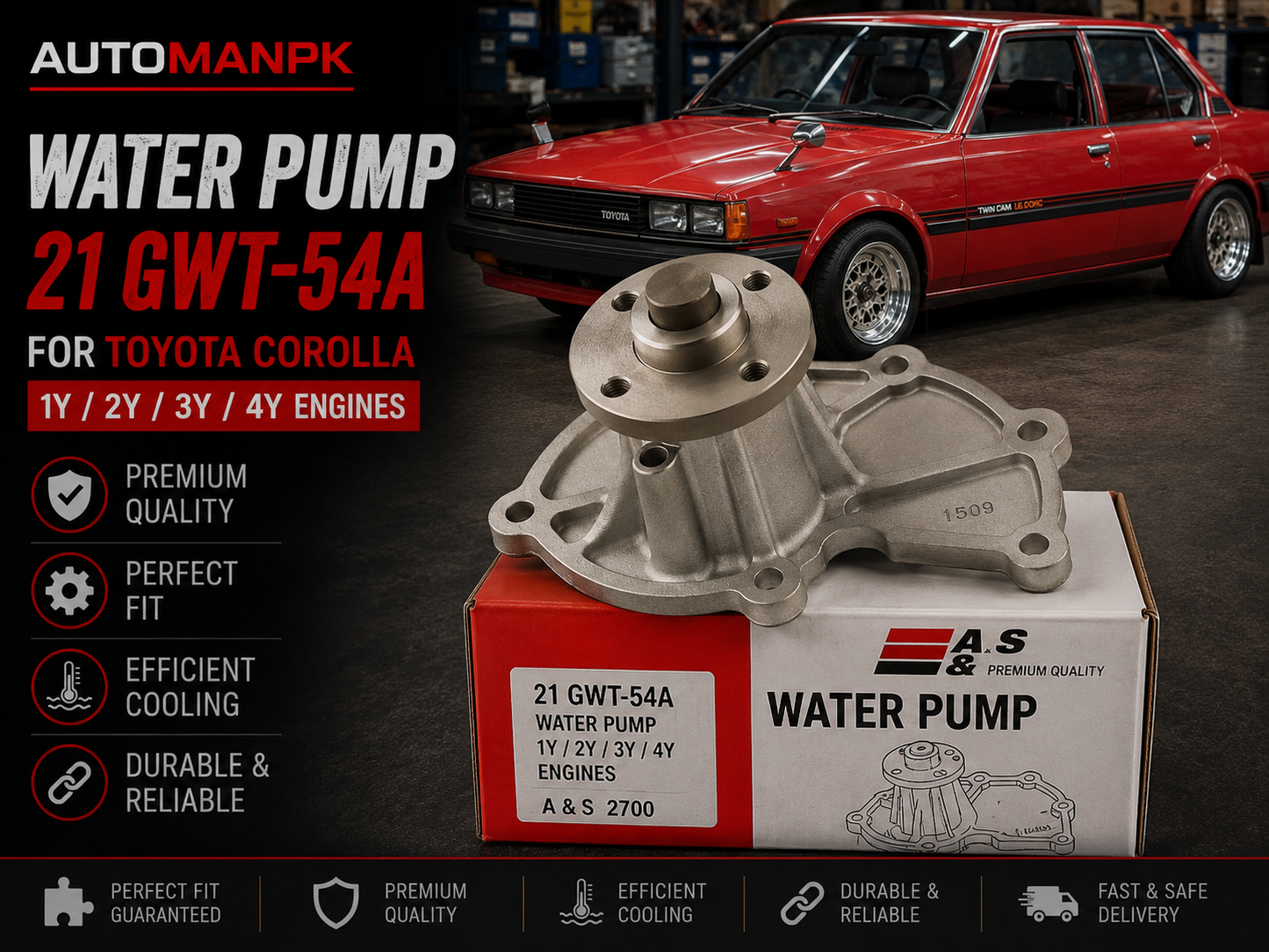 Toyota Water Pump – A&S GWT-54A | 1Y / 2Y / 3Y / 4Y Engine | Hiace Hilux LiteAce Dyna | OEM Quality