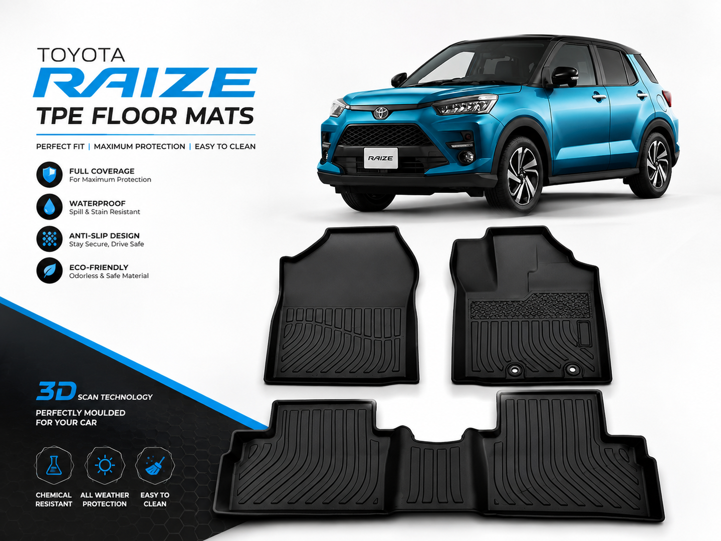 Toyota Raize TPE Floor Mats – 3 Pcs | Waterproof | Anti-Slip | Custom Fit