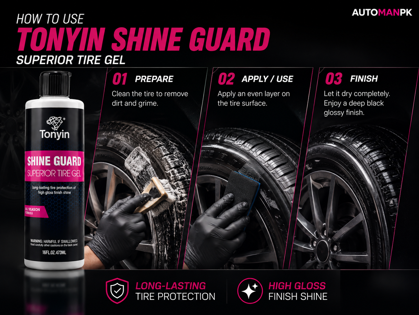 Tonyin Shine Guard Tire Gel 473ml – Deep Gloss | Long-Lasting | Protects Against Cracking & Fading