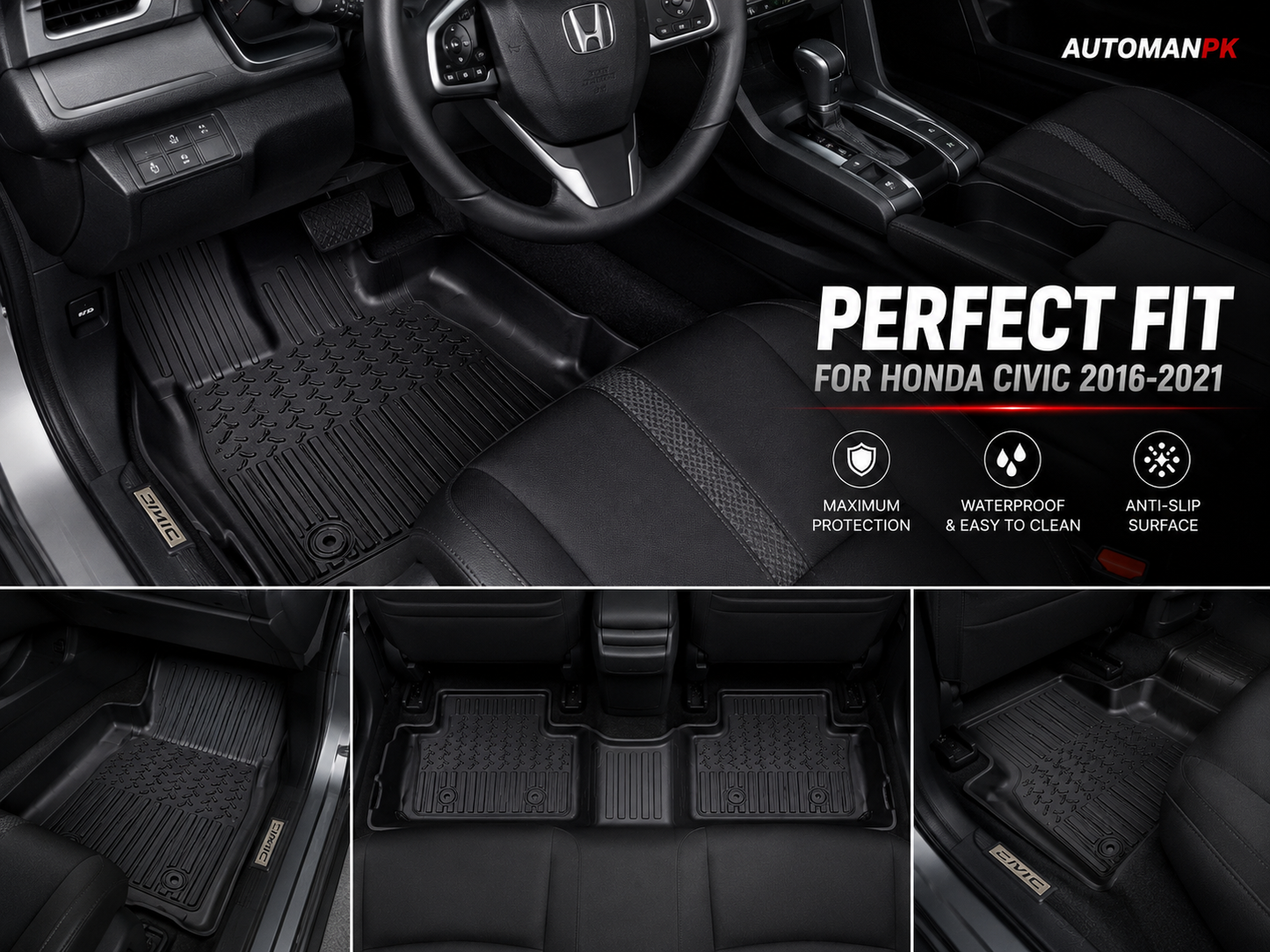 Honda Civic 2016-2021 TXR TPE Floor Mats – Custom Fit – Waterproof – Anti-Slip – Full Set