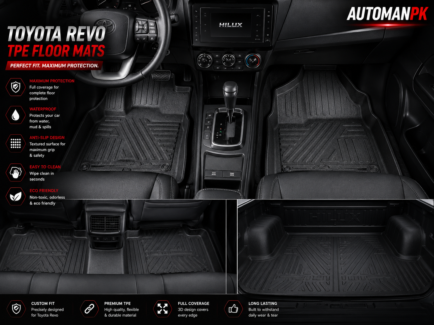 Toyota Hilux Revo TPE Premium 3D Floor Liners – Ultra-Grip – Custom Fit – All-Weather – Full Set