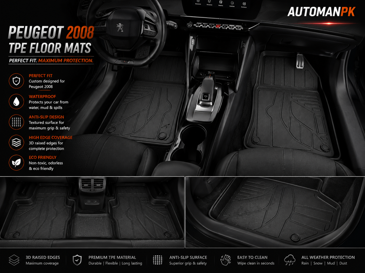 Peugeot 2008 TPE 3D Custom Floor Liners – Exact Custom Fit – Maximum Protection – Full Set