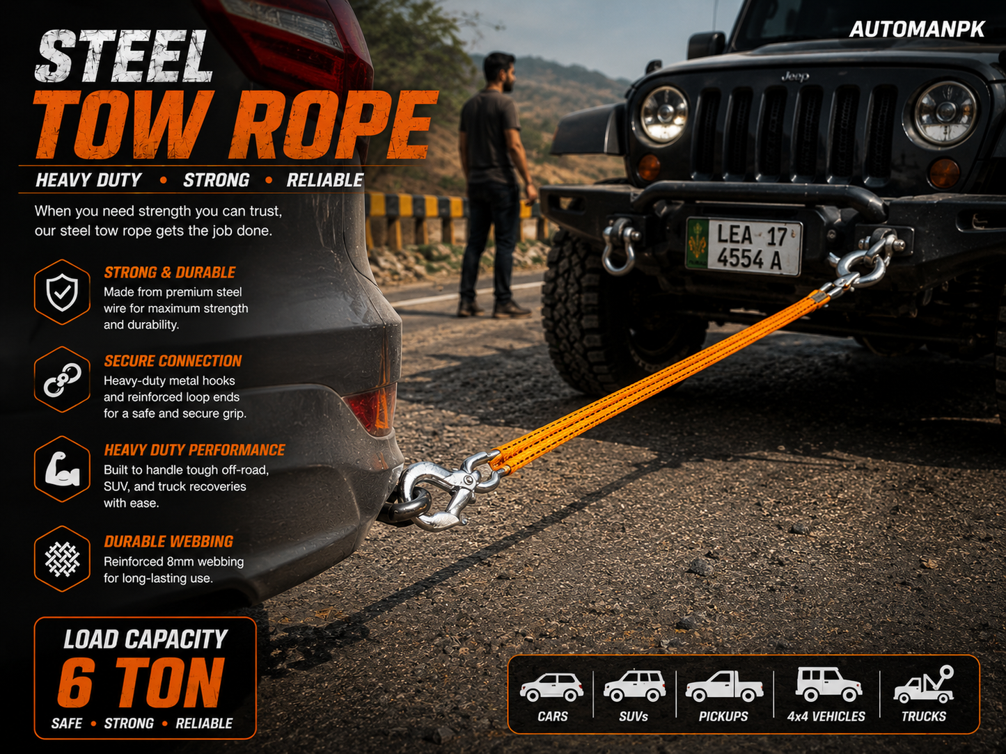 Heavy Duty Tow Rope 5 Ton – Emergency Towing Strap with Steel Hooks | Cars, SUVs & Trucks