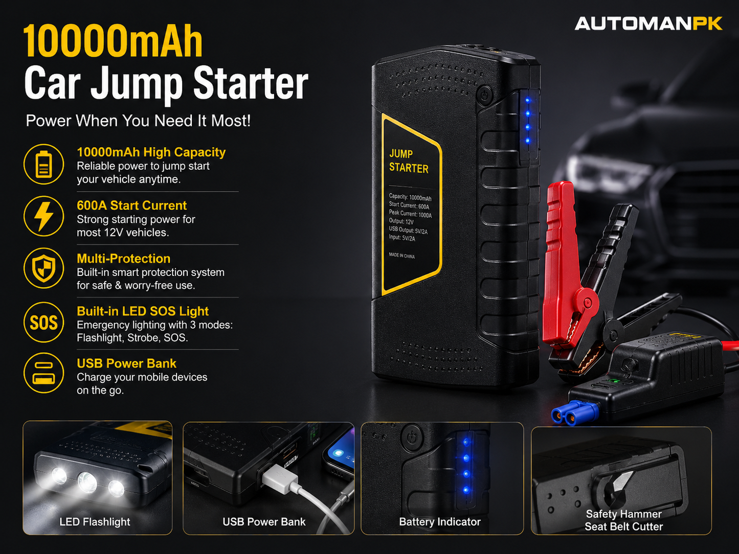 JU44 Car Jump Starter 6000mAh – 1000A Peak | LED Flashlight | USB Power Bank | With & Without Air Compressor
