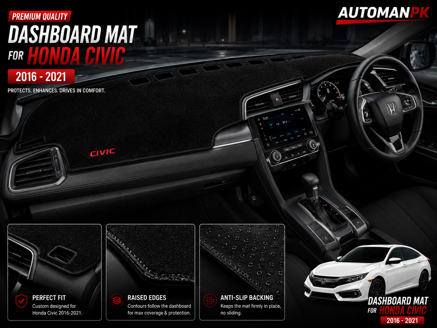 Honda Civic 2016-2021 Velvet Dashboard Mat – Anti-Glare | Non-Slip | Custom Fit