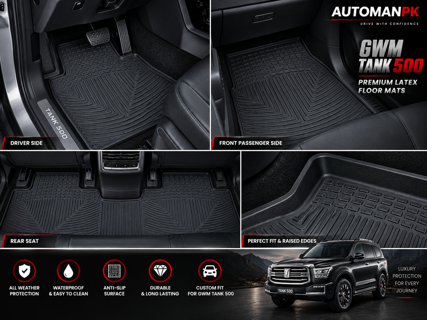GWM Tank 500 Latex Floor Mats – 7 Seater Custom Fit & All-Weather | AutoManPK