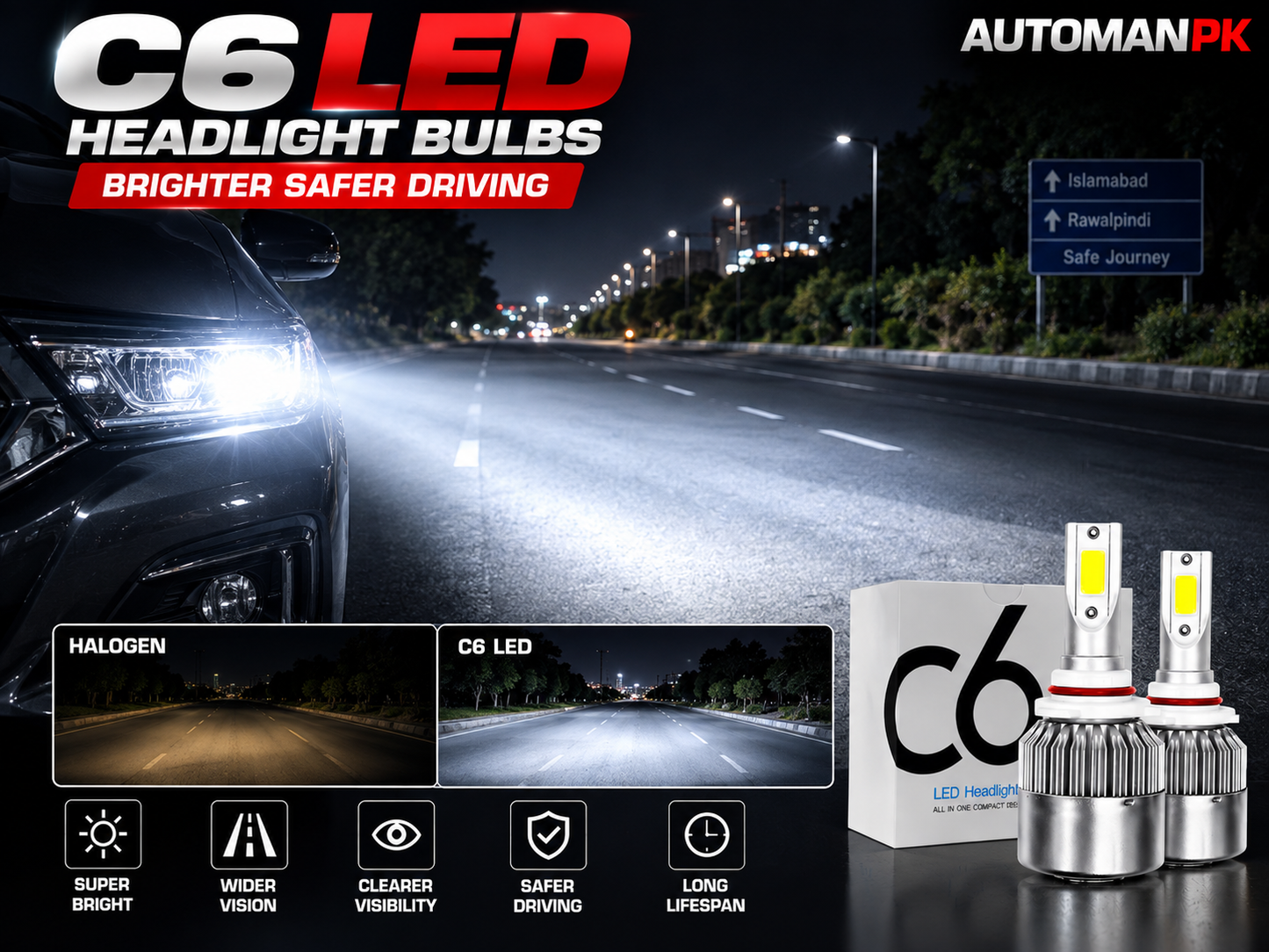 C6 36W Car LED Headlight Grip H7 – 6000K White | 6 Months Warranty | AutoManPK