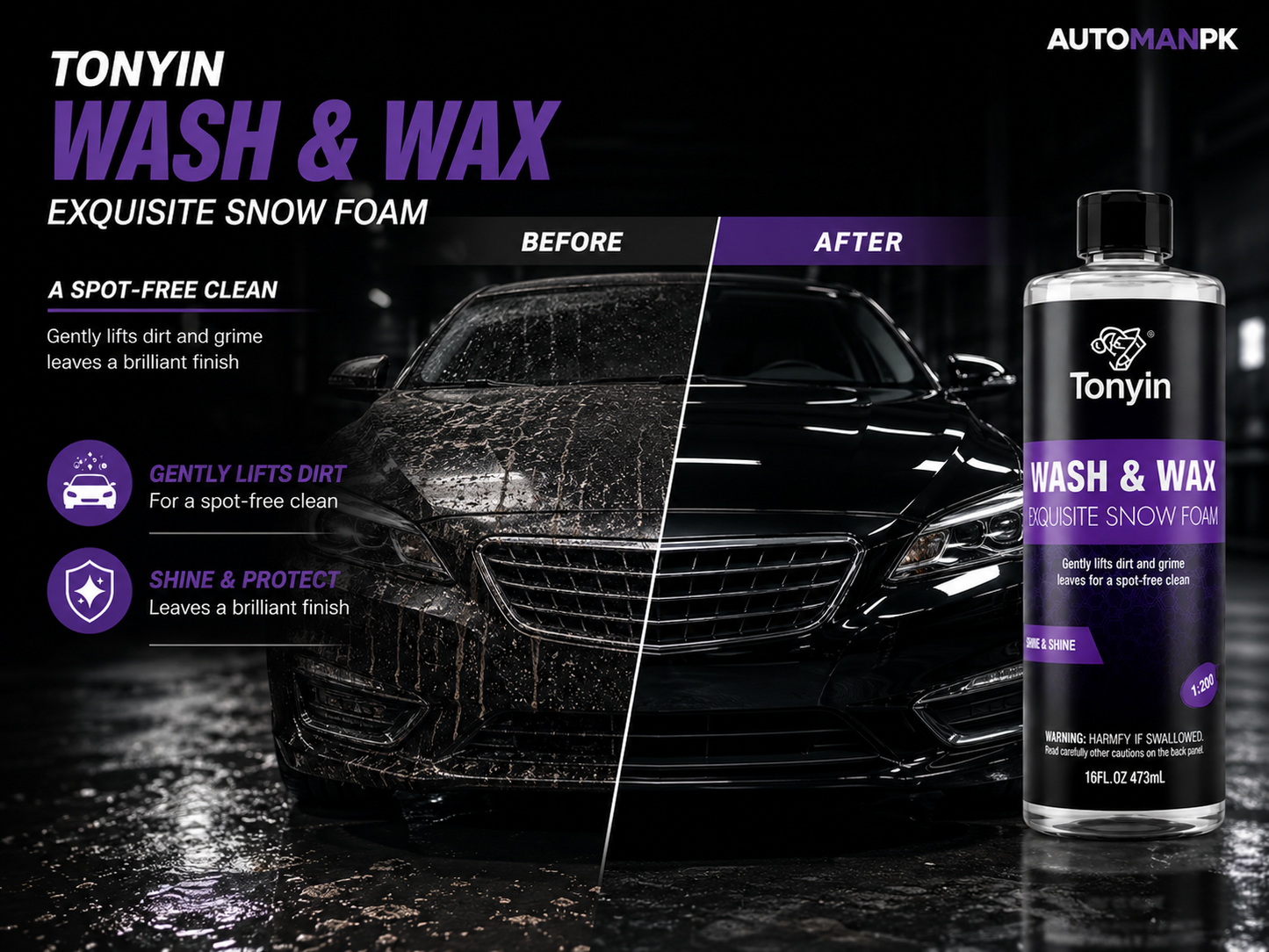 Tonyin Wash Wax Shampoo 473ml – 2-in-1 Clean & Shine | Safe for All Paints | Premium Car Shampoo