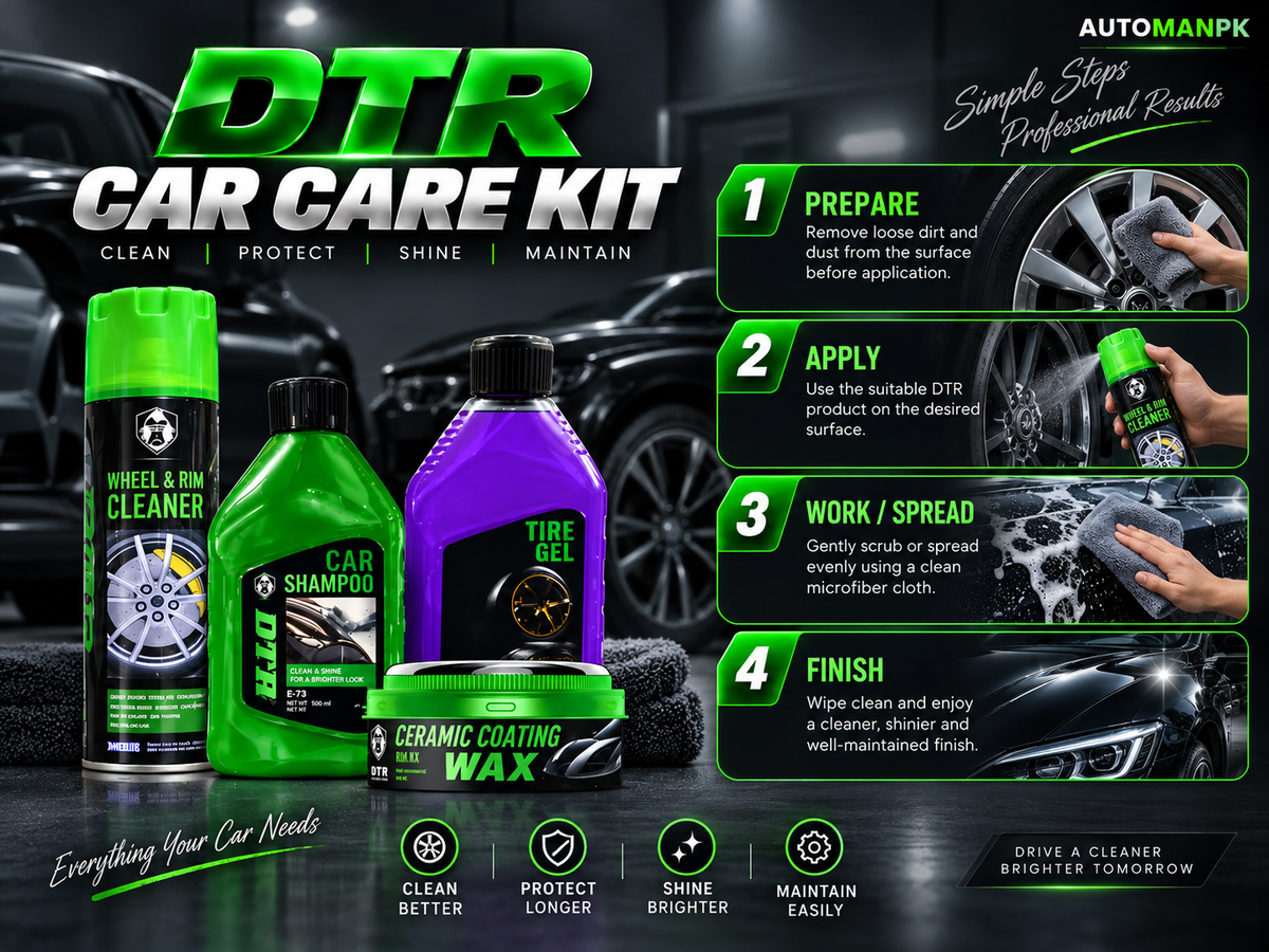 DTR 4-in-1 Exterior Car Care Kit | Rim Wheel Cleaner + Ceramic Coating Wax + Car Shampoo + Tire Gel