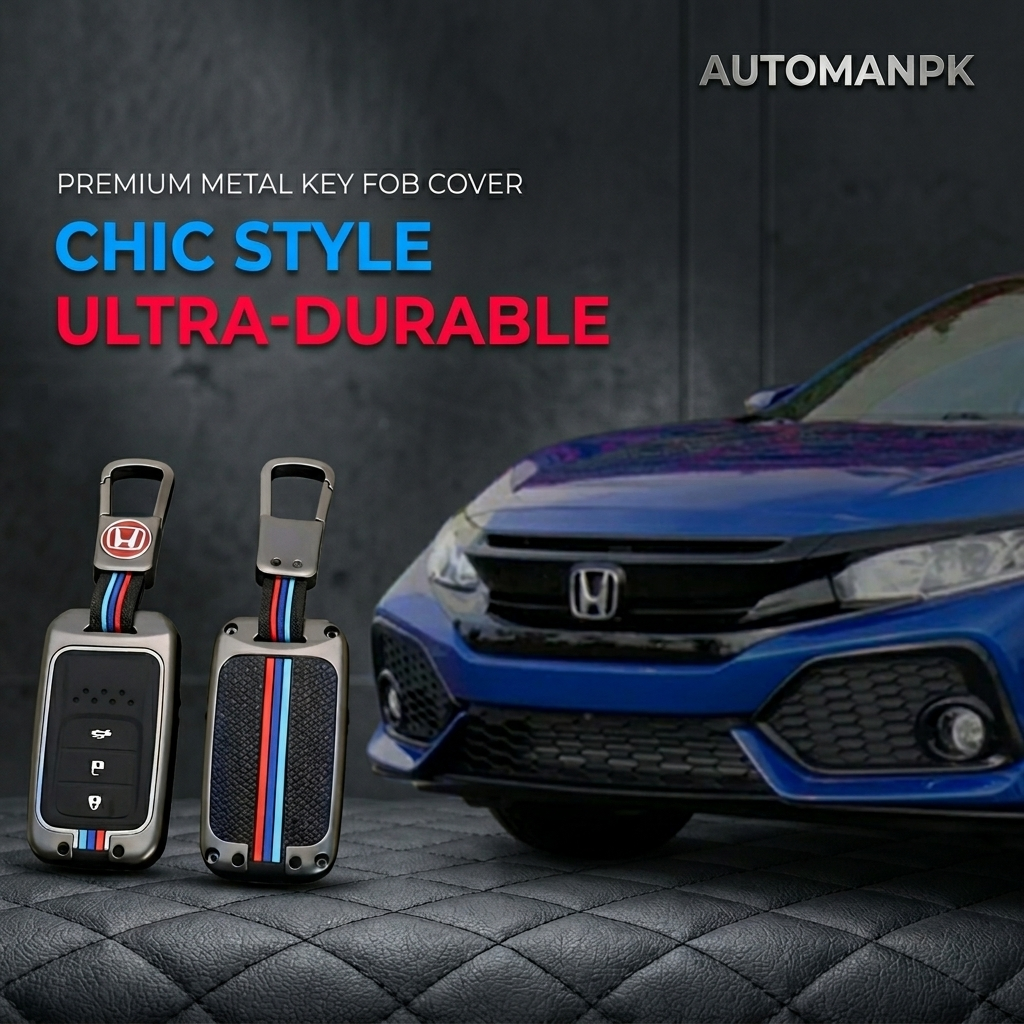 Two premium metal key fob covers with a Honda car in the background, featuring text about style and durability.