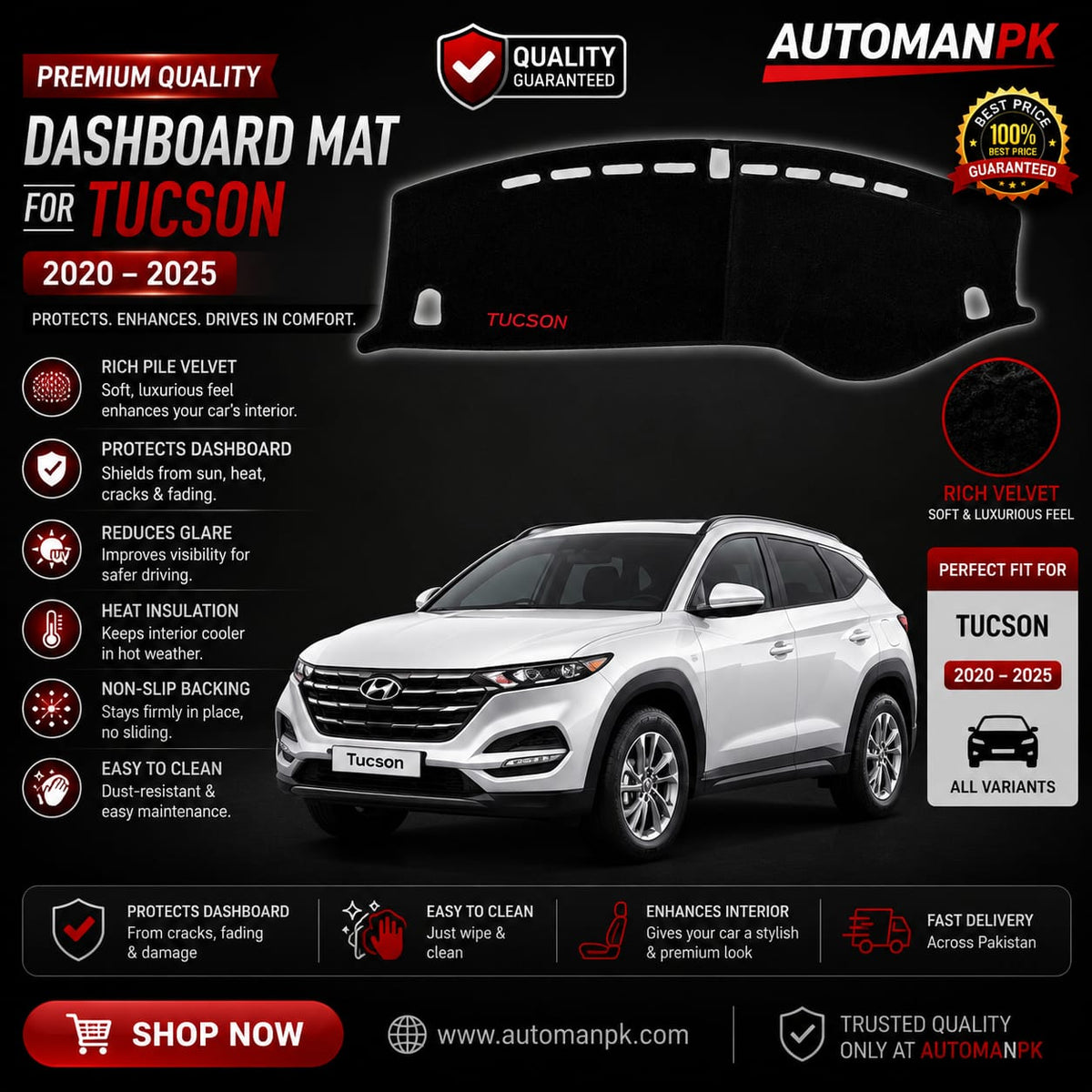 Hyundai Tucson 2022-2024 Velvet Dashboard Mat – Anti-Glare | Non-Slip | Custom Fit