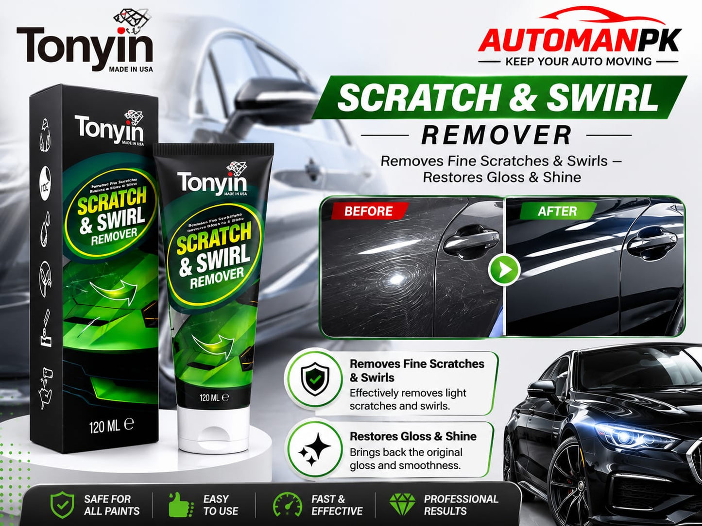 Tonyin Scratch Remover & Swirl Remover 473ml – Restores Paint Gloss | All Colors | Professional Grade
