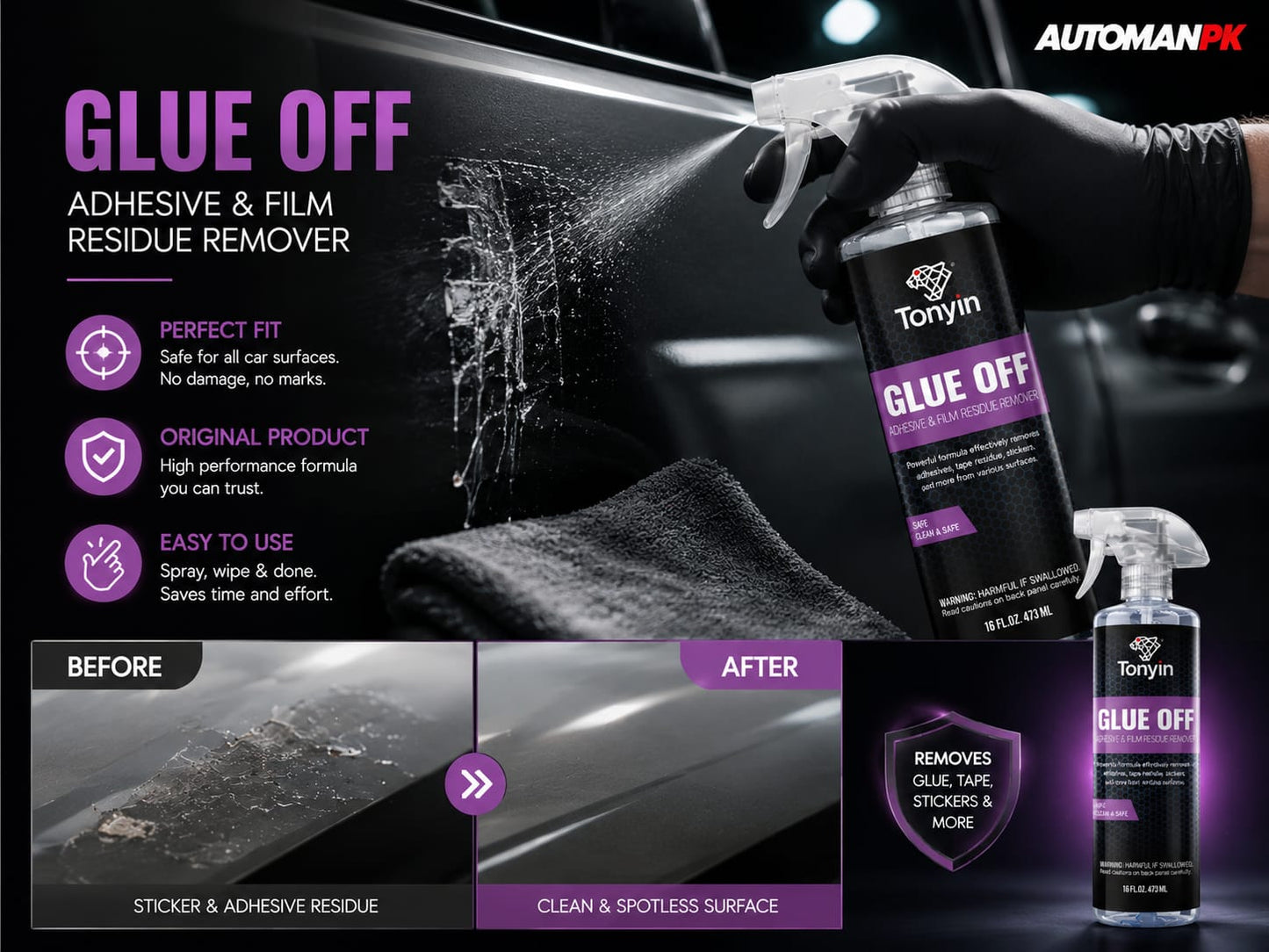 Tonyin Glue Off 473ml – Car Adhesive & Sticker Remover | Safe on Paint, Plastic & Glass