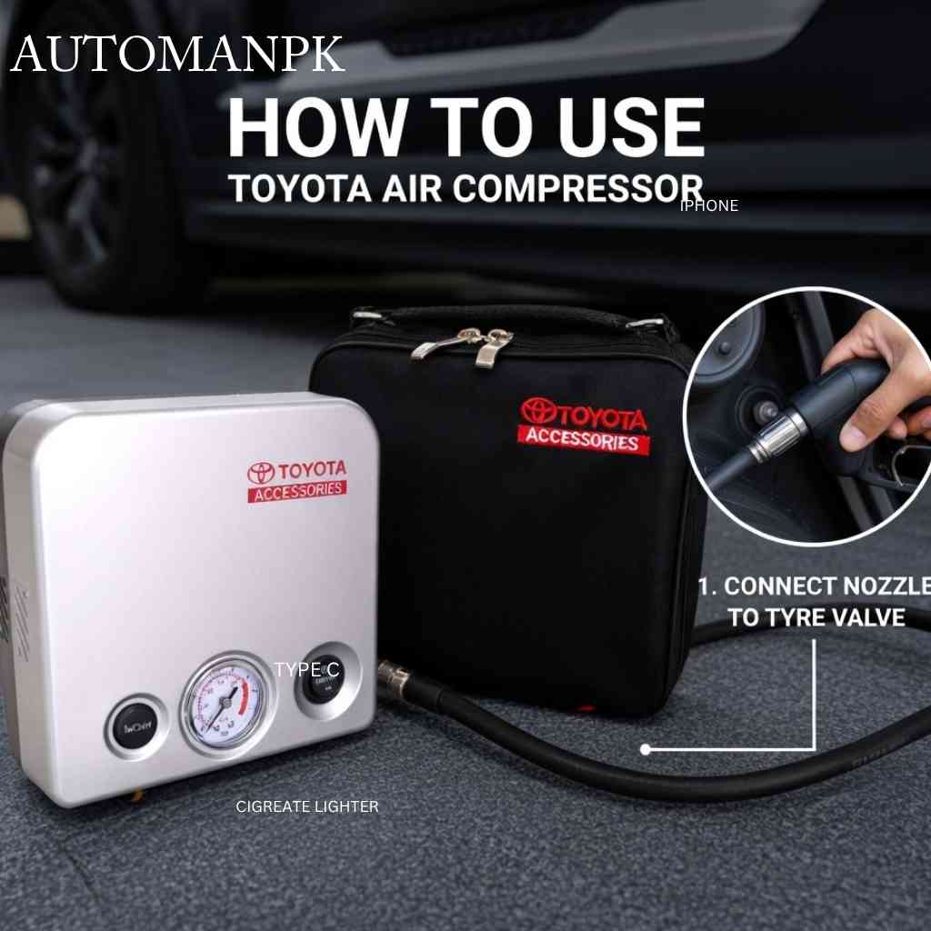 Toyota Accessories Portable Tyre Inflator Kit – Air Compressor – 12V – 80PSI – High-Power Inflation – Easy-to-Read Pressure Gauge