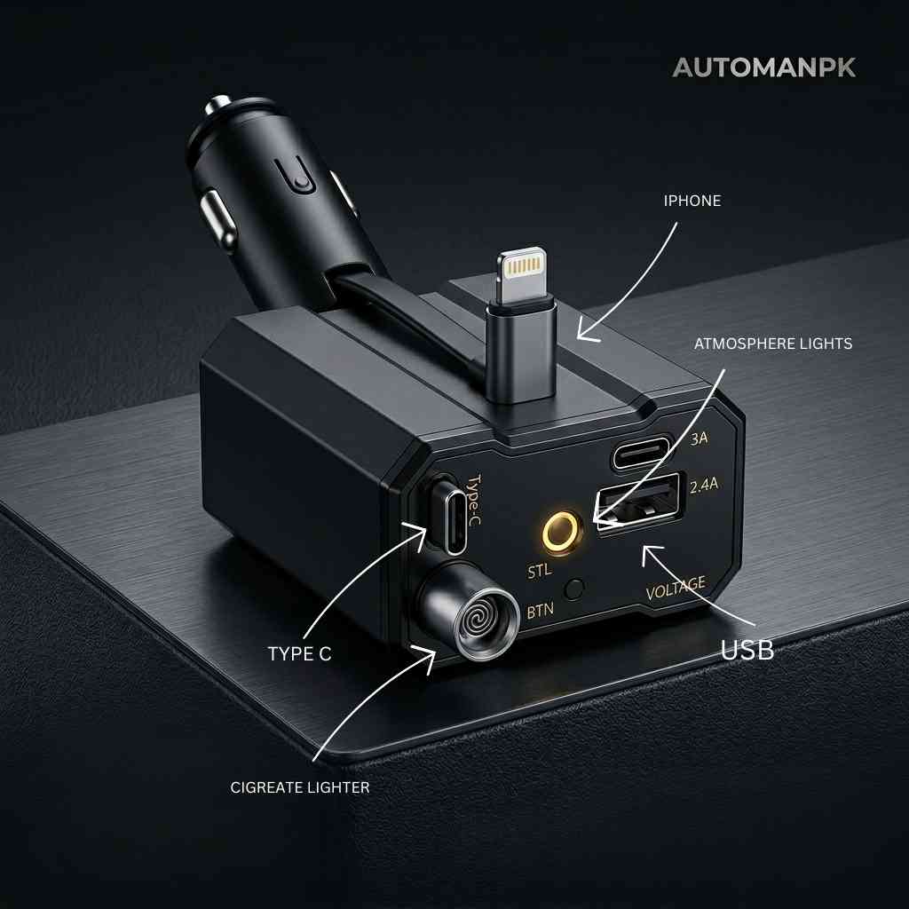5-in-1 Car Charger – Multiport Power Hub – High-Speed Charging – Retractable Lightning + Type-C + USB + Cigarette Lighter + Atmosphere Light