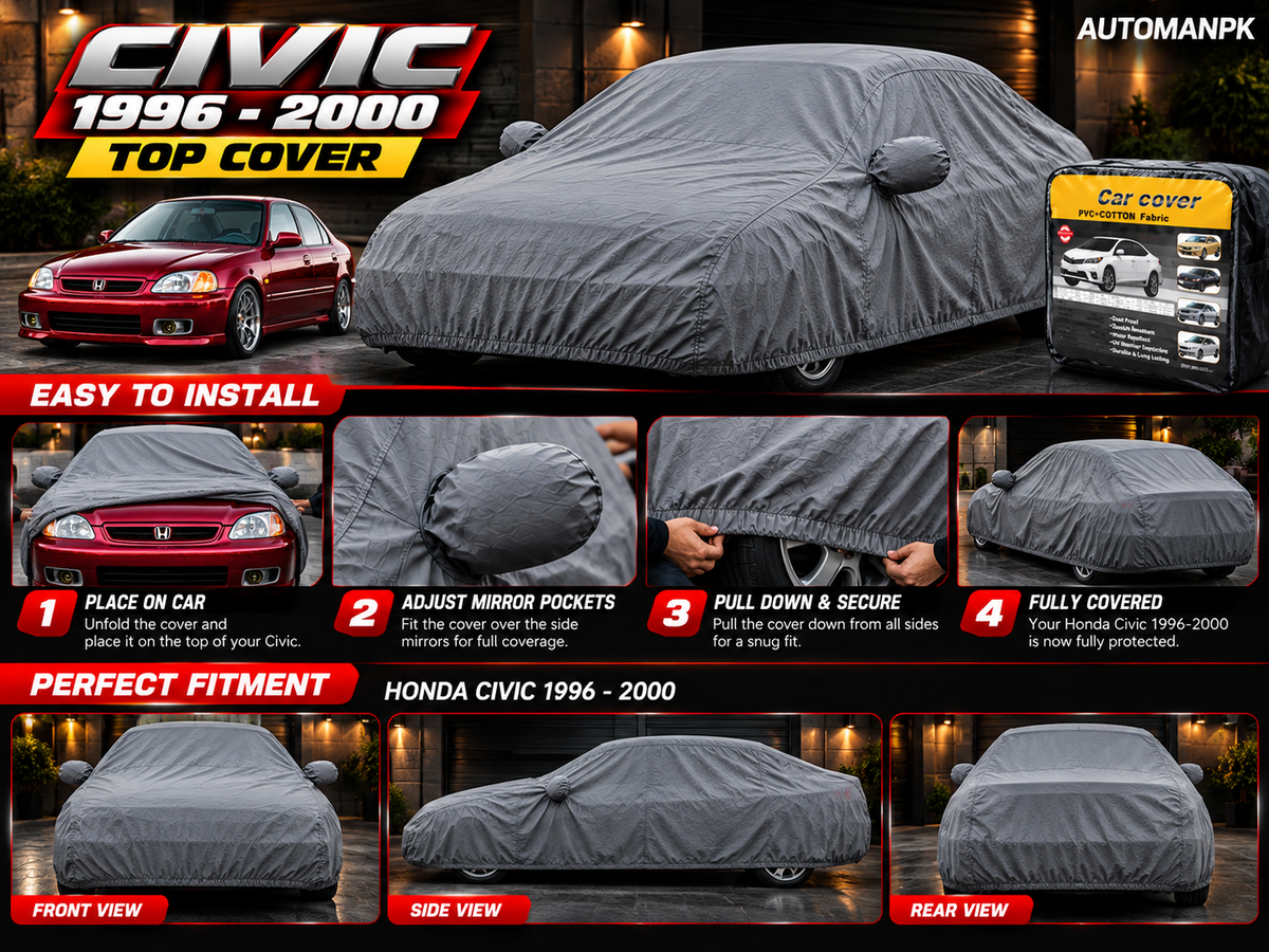 Honda Civic 1996–2000 car top cover installation steps and front, side and rear fitment views