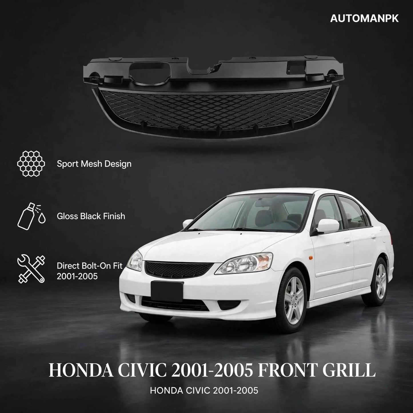 Honda Civic 2004-2005 Honeycomb Front Grill – Sporty Mesh Upgrade