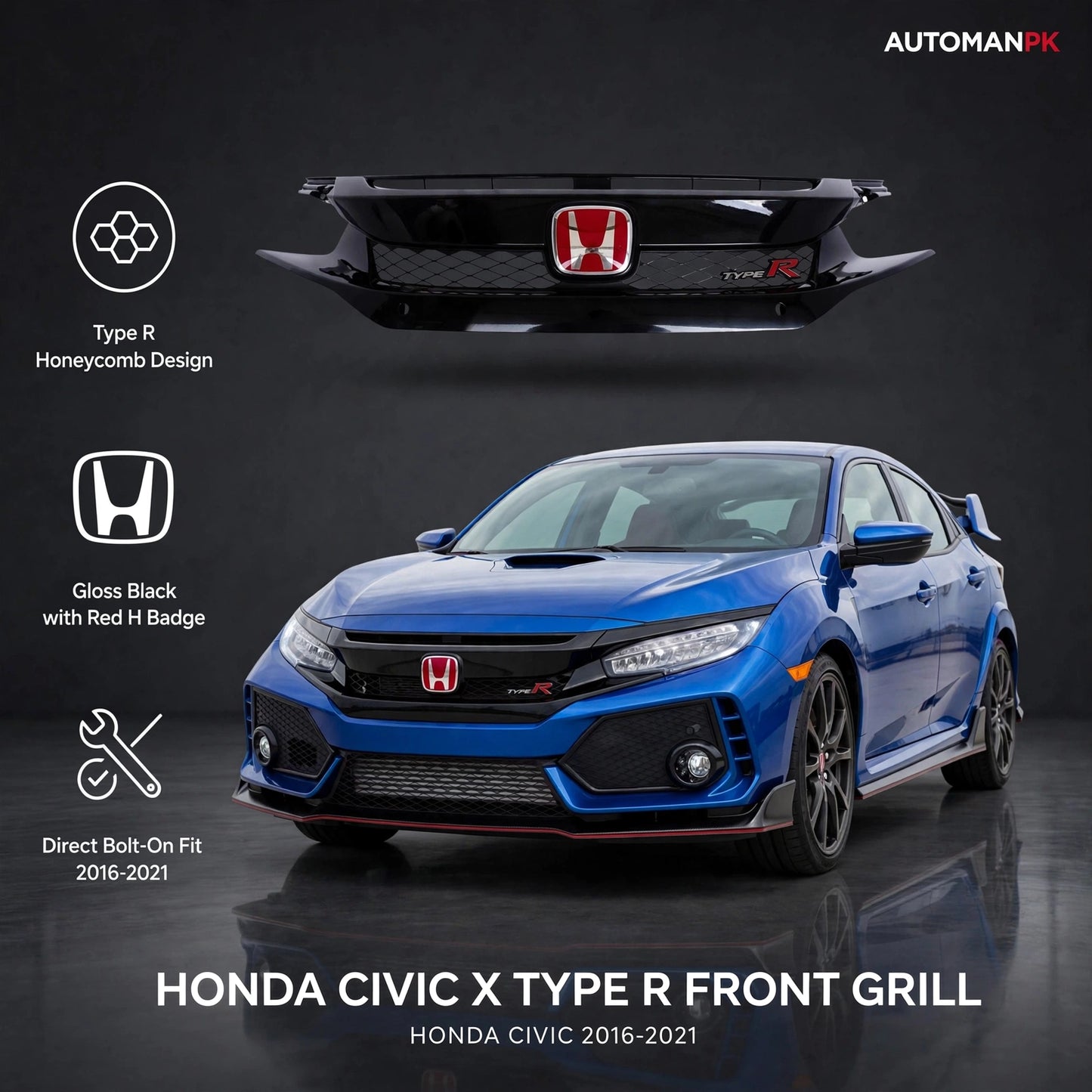 Honda Civic X Type R Front Grill 2016-2021 – Premium Upgrade
