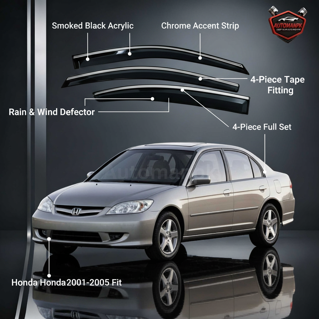 Honda Civic 2001-2005 Chrome Air Visor Feature Highlights – Smoked Acrylic, Chrome Strip, Double Tape, 4-Piece Set | AutoManPK