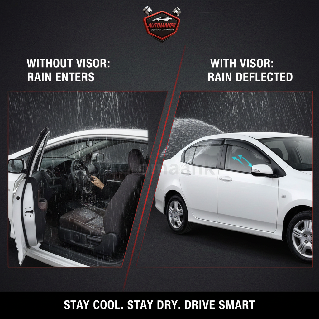 Honda City 2009-2021 Air Visor Benefit Comparison – Without Visor Rain Enters Interior vs With Chrome Visor Rain Deflected Outside, Stay Cool Stay Dry Drive Smart | AutoManPK