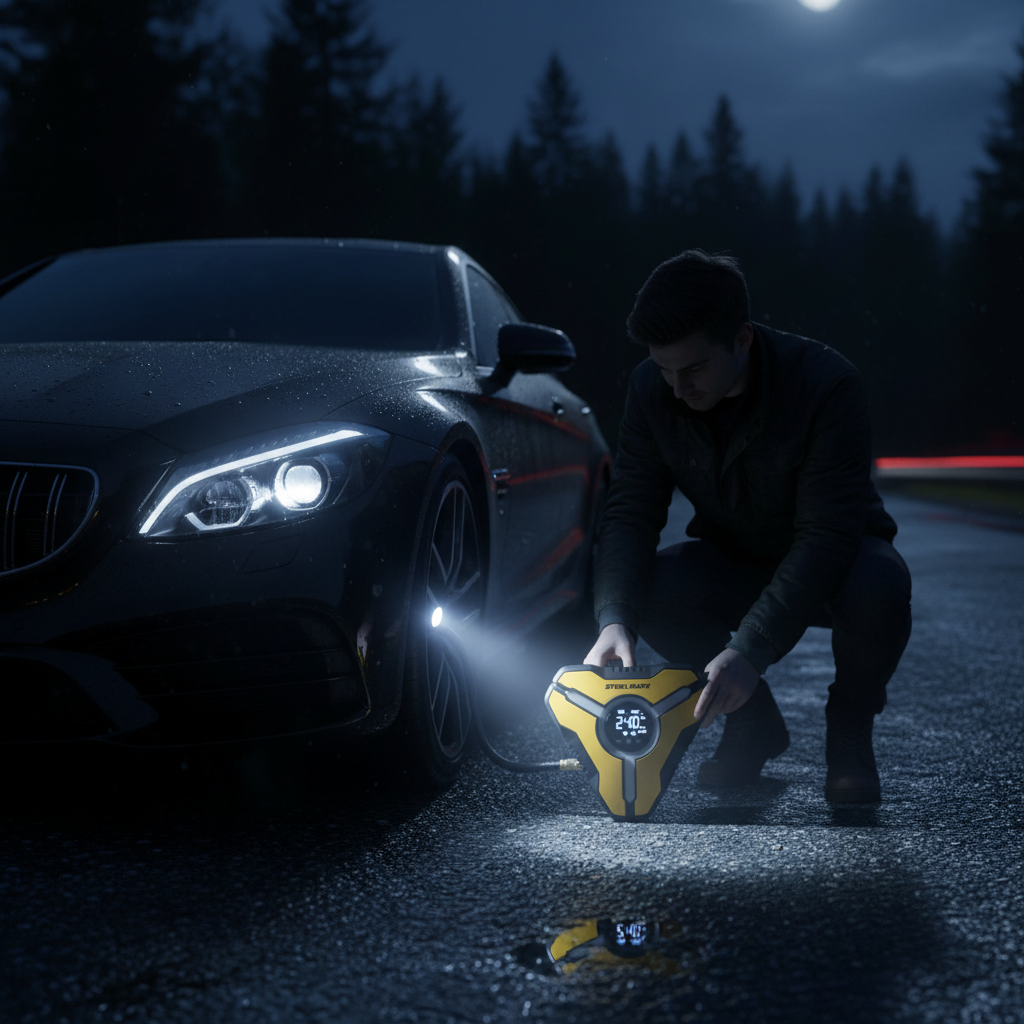 Steel Mate T11 Tyre Inflator – Lifestyle In-Use Shot at Night