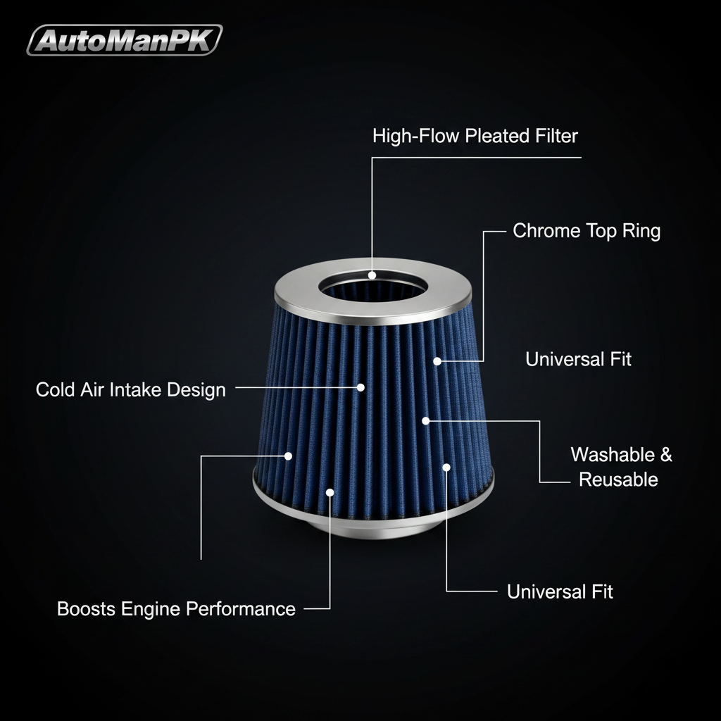 Universal Blue Cold Air Intake Filter Feature Highlights – High-Flow, Chrome Ring, Washable, Universal Fit | AutoManPK