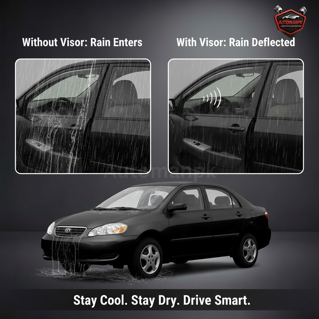 Toyota Corolla 2002-2008 Air Visor Benefit Comparison – Without Visor Rain Enters Interior vs With Chrome Visor Rain Deflected Outside, Stay Cool Stay Dry Drive Smart | AutoManPK