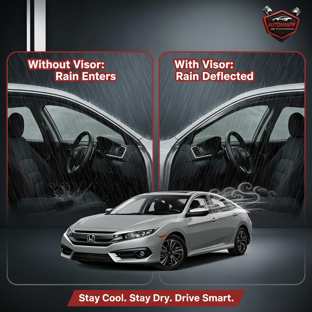 Honda Civic 2016-2020 Air Visor Benefit Comparison – Without Visor Rain Enters Interior vs With Chrome Visor Rain Deflected Outside, Stay Cool Stay Dry Drive Smart | AutoManPK
