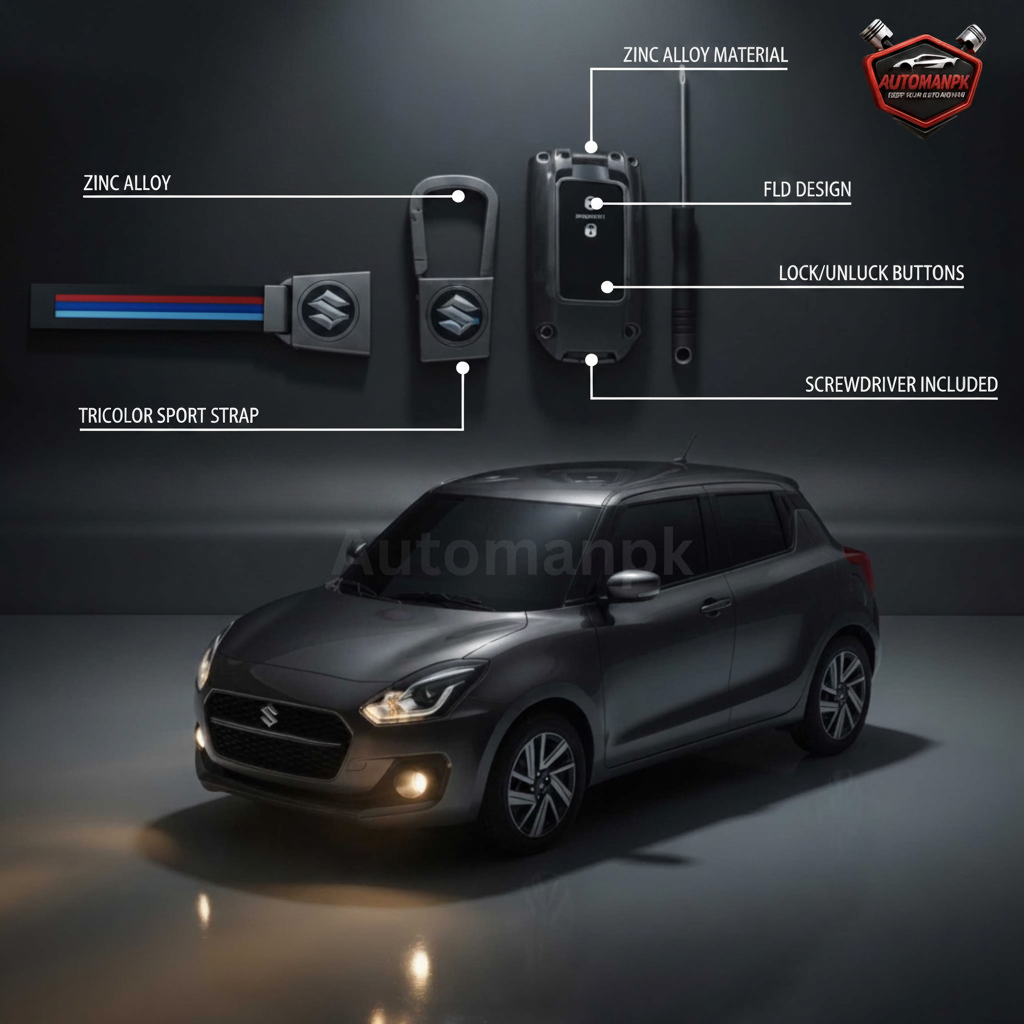 Suzuki Swift 2021-2025 Metal Key Cover Feature Callout – Zinc Alloy Flip Design, Lock Unlock Buttons, Suzuki Logo Keychain Highlights