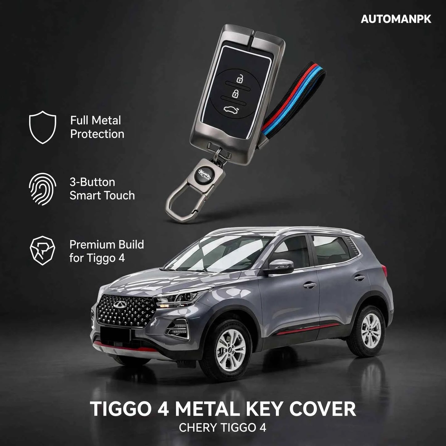 Chery Tiggo 4 Metal Key Cover with Key Chain Holder – Premium Alloy Case