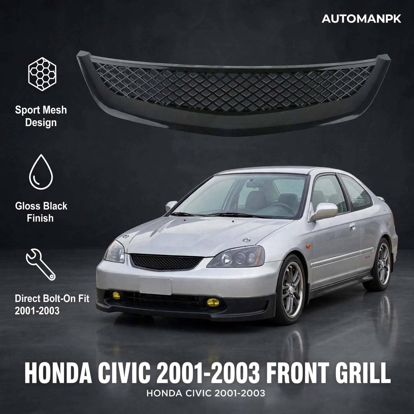 Honda Civic 2001-2003 Honeycomb Front Grill – Sporty Mesh Upgrade
