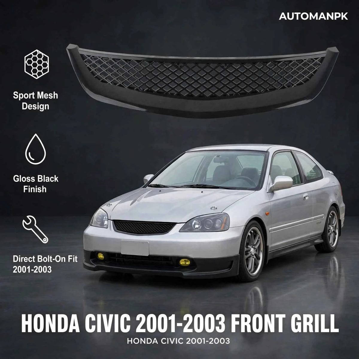 Honda Civic 2001-2003 Honeycomb Front Grill – Sporty Mesh Upgrade