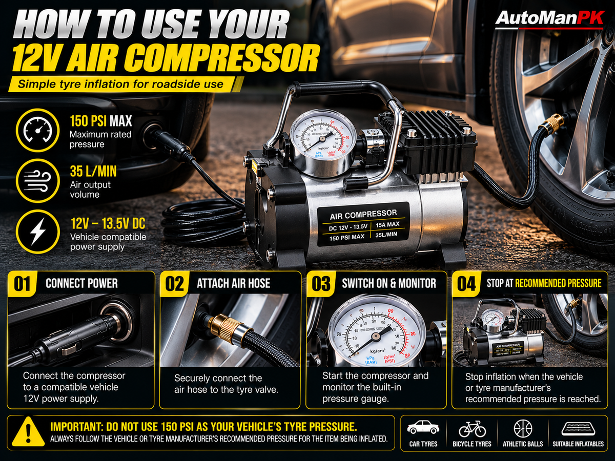 How to use single cylinder 12V air compressor with power connection hose and pressure gauge - AutoManPK