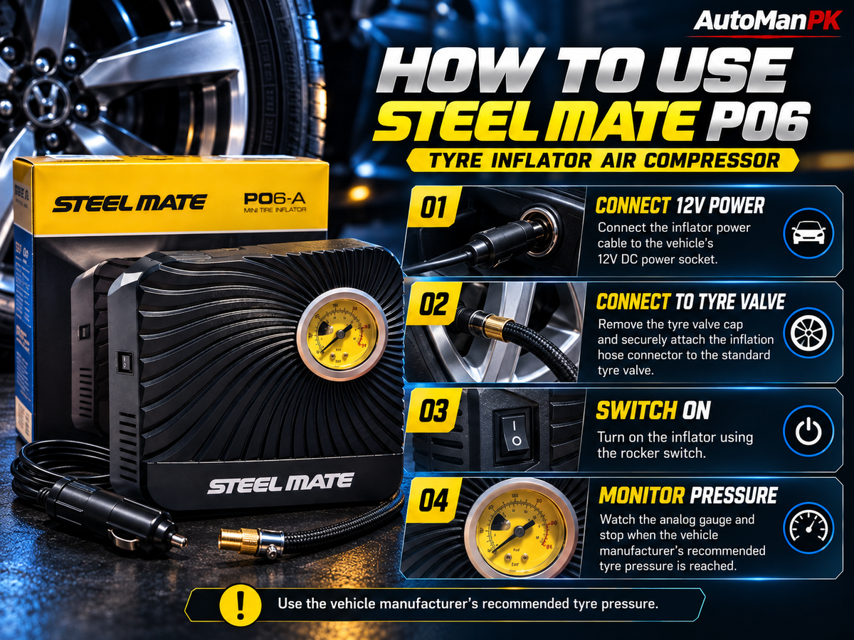 How to use Steel Mate P06 tyre inflator with 12V power, tyre valve connection and pressure gauge - AutoManPK
