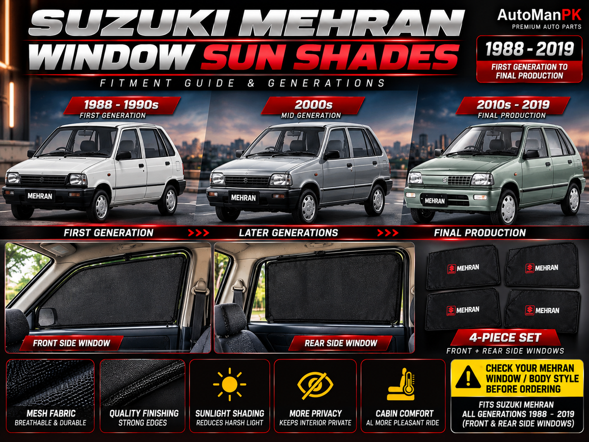 Suzuki Mehran window sun shades 1988-2019 front rear side window fitment guide AutoManPK
