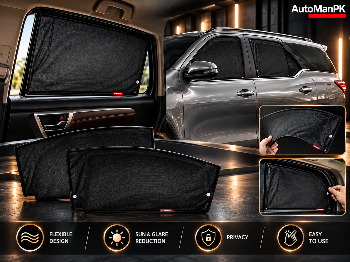 Toyota Fortuner flexible window sun shades features flexible design privacy sun glare reduction AutoManPK