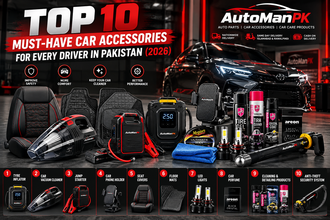 AutoManPK Top 10 Must-Have Car Accessories for Every Driver in Pakistan 2026, featuring a car jump starter, tyre inflator, vacuum cleaner, car mats and accessories