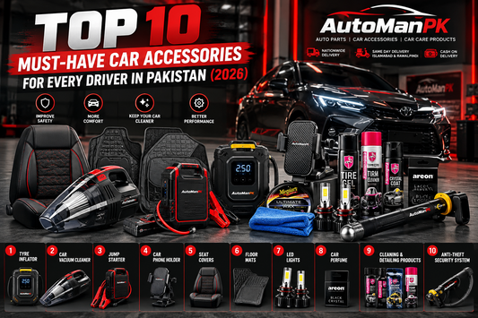AutoManPK Top 10 Must-Have Car Accessories for Every Driver in Pakistan 2026, featuring a car jump starter, tyre inflator, vacuum cleaner, car mats and accessories