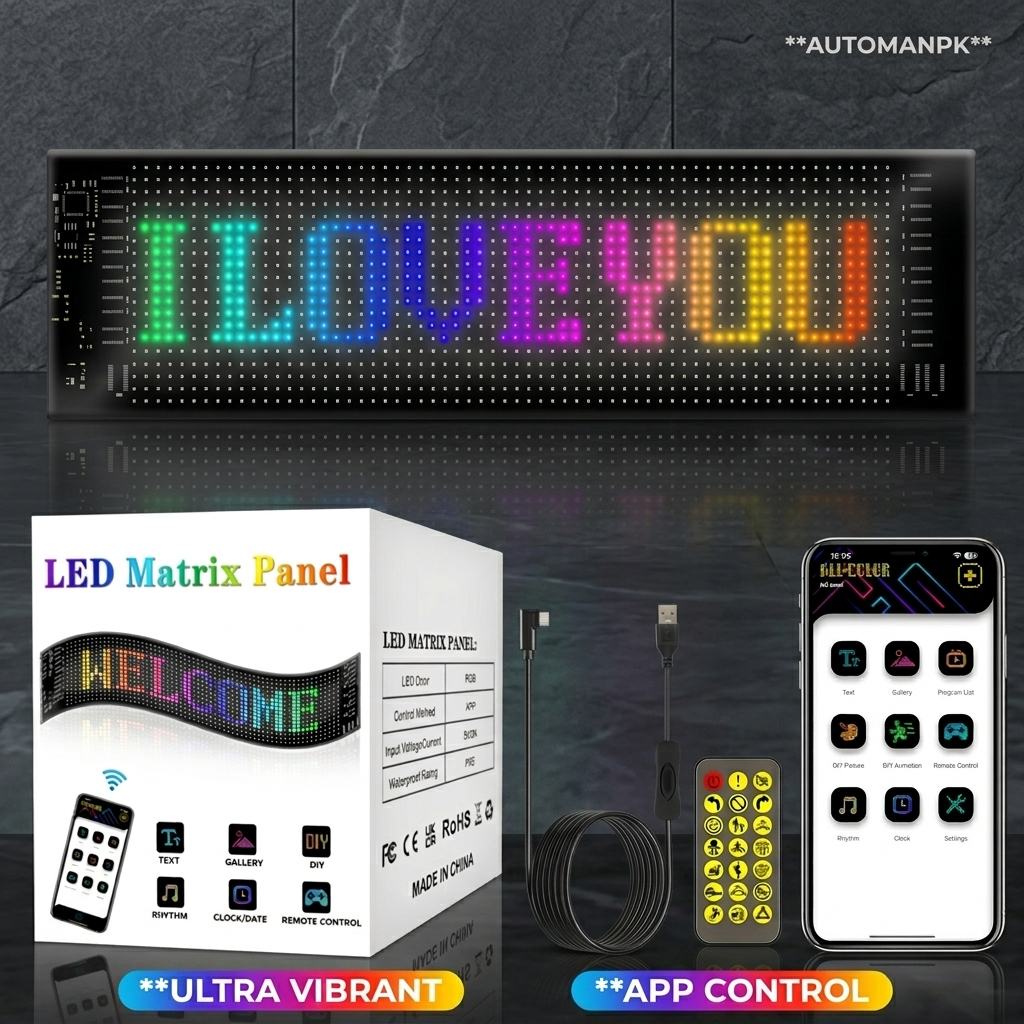 Universal LED Matrix Panel Display Light – RGB Programmable Scrolling Display Board with App & Remote Control | AutoManPK