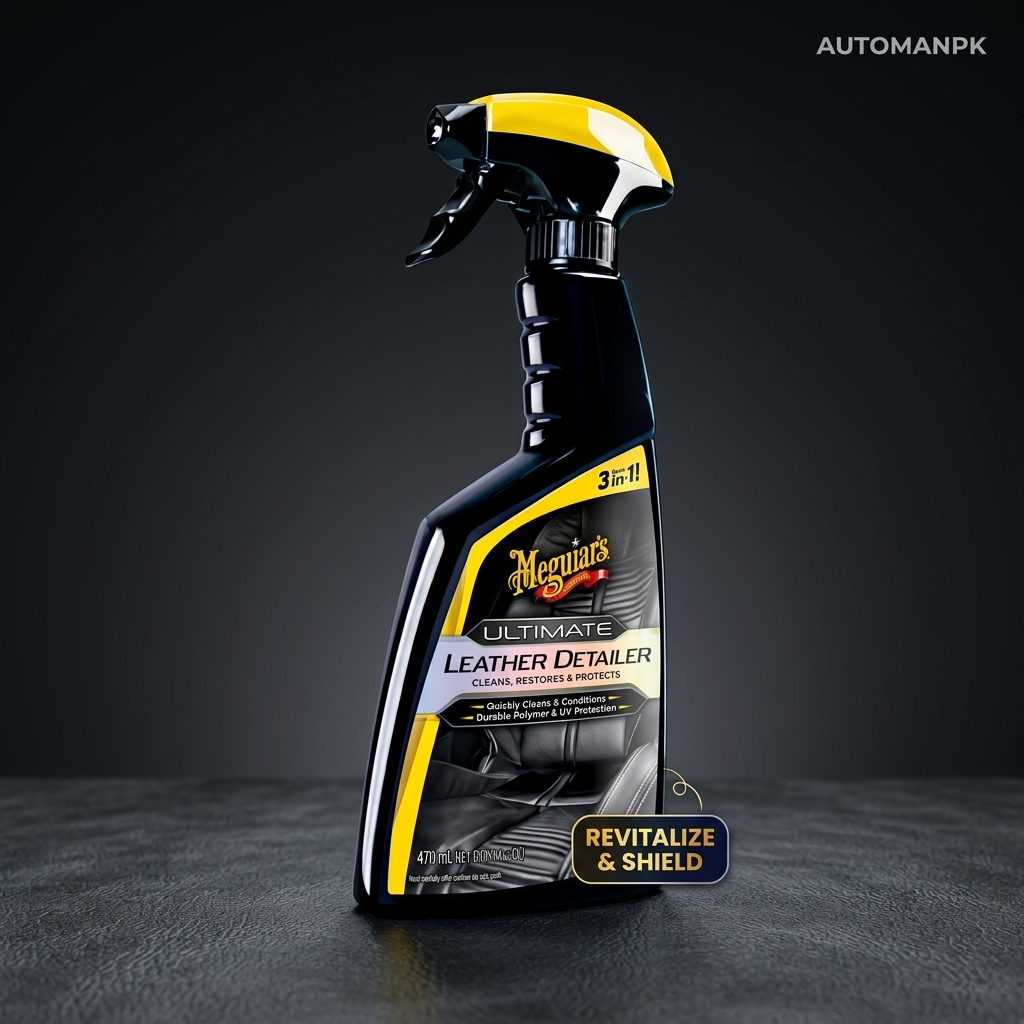 Meguiar's Ultimate Leather Detailer spray bottle on a dark background