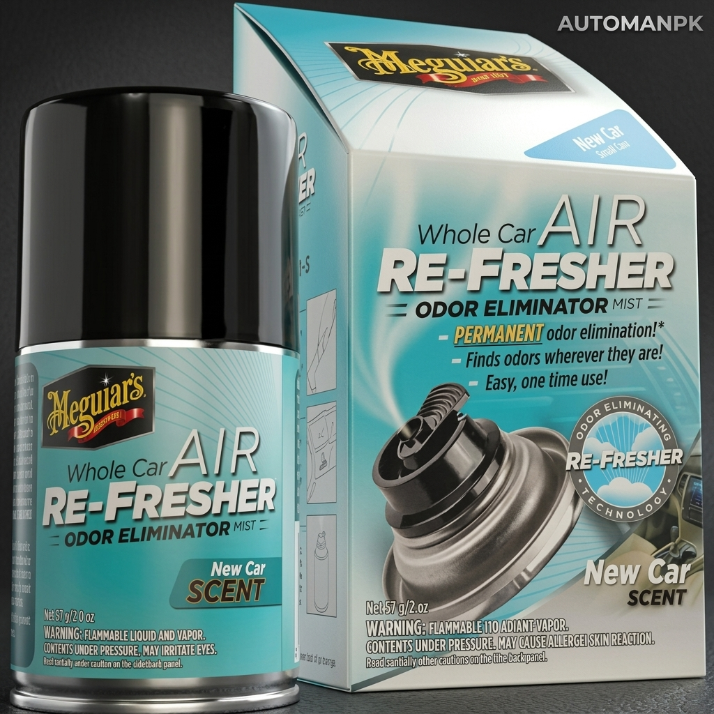 Meguiar's Whole Car Air Re-Fresher odor eliminator mist with packaging on a dark background