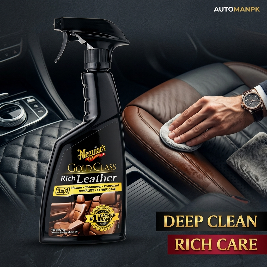 Meguiar's Gold Class Rich Leather cleaner with a hand cleaning a car seat.