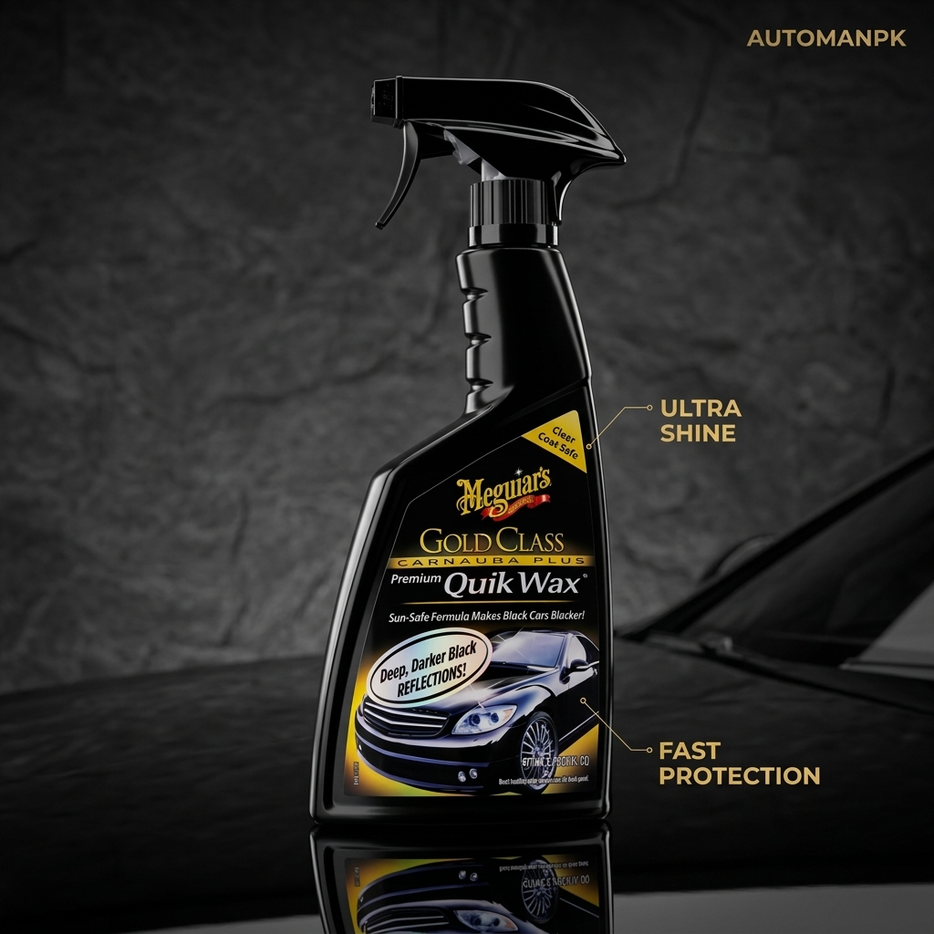 Meguiar's Gold Class Quik Wax spray bottle on a dark textured background