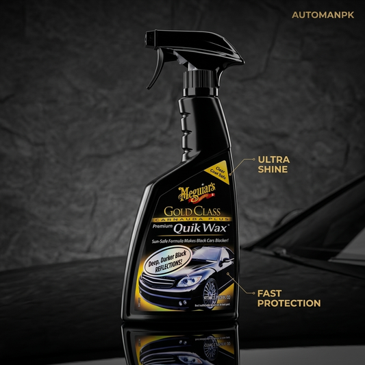 Meguiar's Gold Class Quik Wax spray bottle on a dark textured background