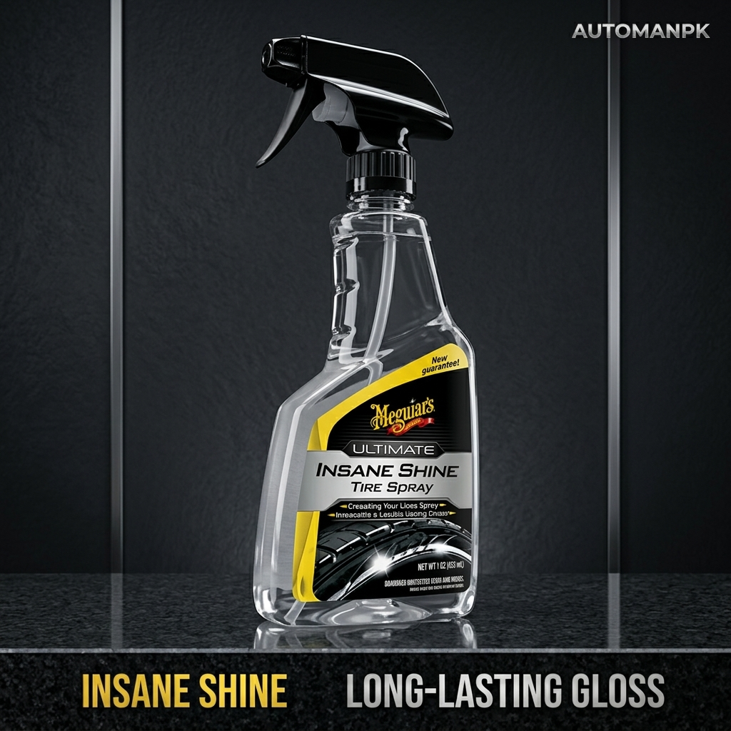 Meguiar's Ultimate Insane Shine Tire Spray bottle on a dark background